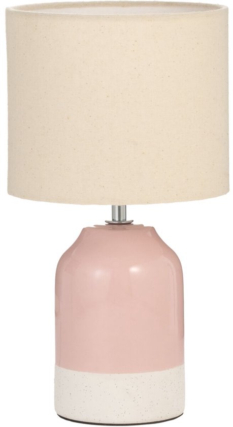 Lampe de table Sandy Glow avec abat-jour en tissu crème et pied en céramique rose à pois.