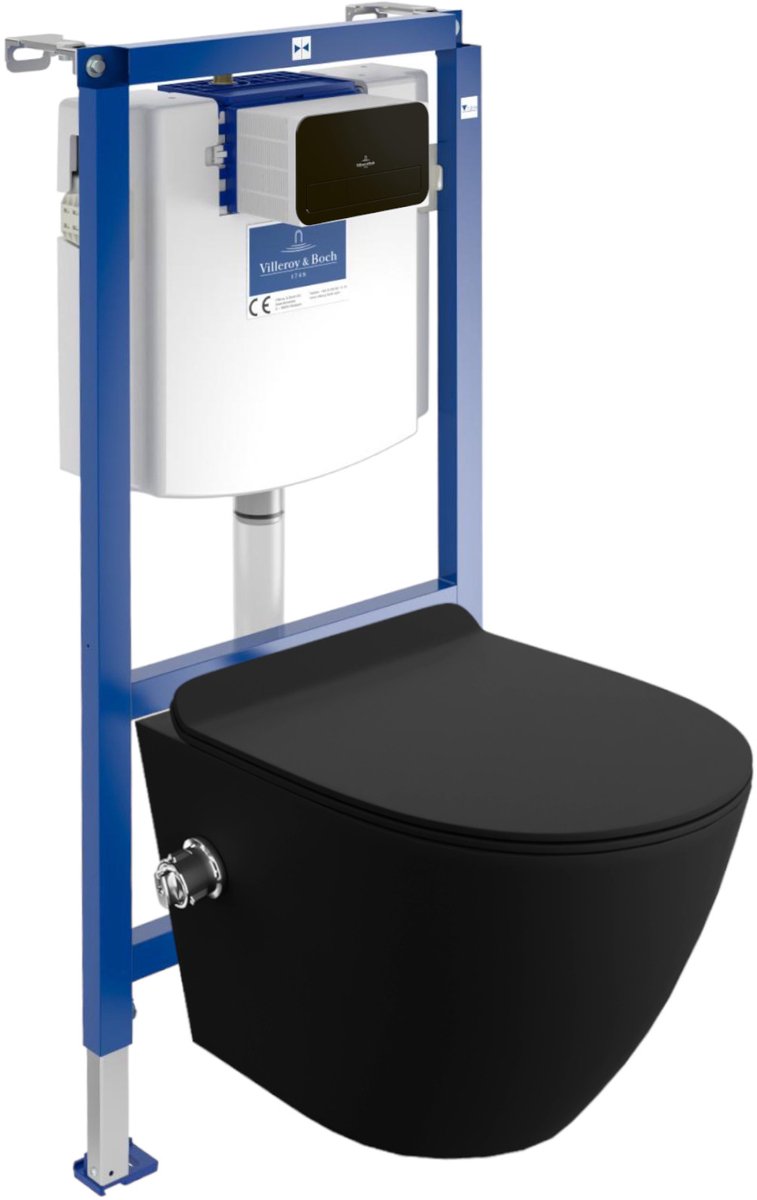 Villeroy&Boch Inbouwreservoir Complete Toiletset ViConnect H112 - Inbouw WC Hangtoilet Wandcloset SALTO BLACK - Bedieningsplaat Zwart - Voorwandelement voor toilet - Installatiesysteem