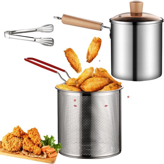 Frituurpan met zeef 3 liter - Roestvrijstalen friteuse pan met levensmiddelclip, oliefilterpot en schenktuit - Multifunctionele frituurpan voor friet, garnalen, vis en kip