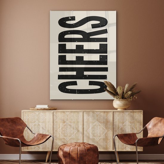 MuchoWow® Glasschilderij 90x120 cm - Schilderij acrylglas - Cheers - Japandi - Zwart - Letters - Foto op glas - Muurdecoratie woonkamer - Wanddecoratie slaapkamer - Schilderijen