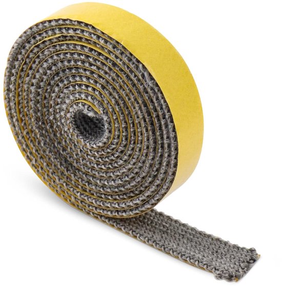 Opgerolde kachelband, plat en grijs, met gele zelfklevende achterkant.