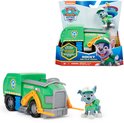 Groene Paw Patrol vuilniswagen met Rocky speelfiguur, van 80% gerecycled plastic.
