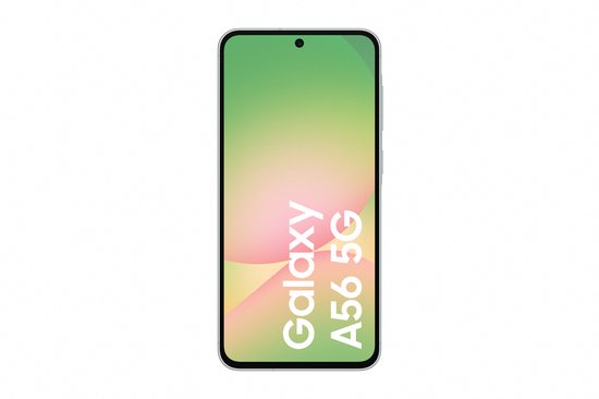 Lichtgroene Samsung Galaxy A56 5G met een scherm met een kleurverloop van groen naar roze en geel.