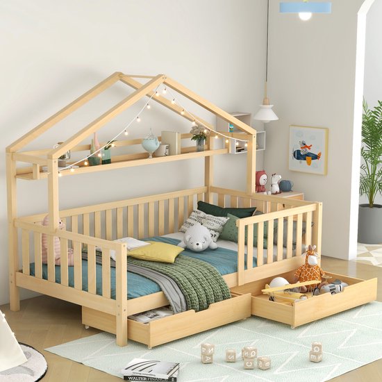 Sweiko Lit enfant couleur bois, Lit enfant lit cabane avec tiroirs, Bois Massief avec sommier à lattes, Lit cabane en bois de pin, Chambre Enfants et jeunes, 90x200cm, Naturel