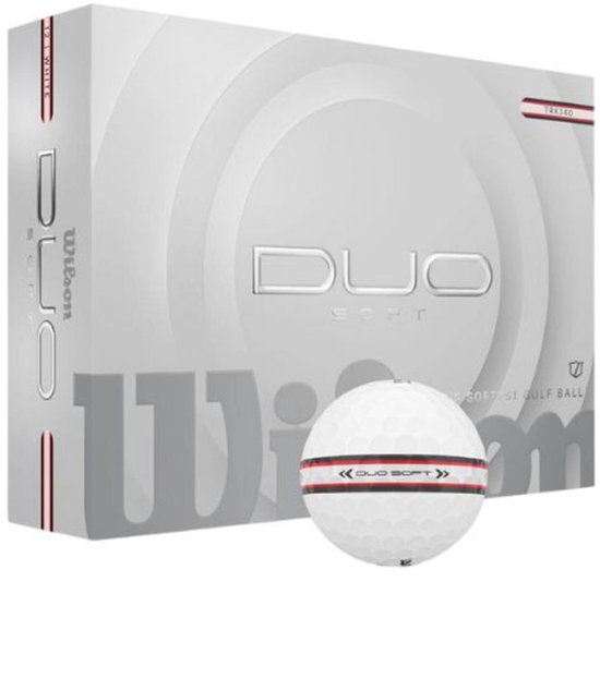 Verpakking met golfbal. Doos met "DUO SOFT" en "Wilson".