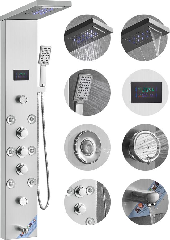 Hebitod Led-douchepaneel, regendouche, douchesysteem met temperatuurweergave, 5 functies, douchezuil, verstelbare massagejets, douchepanelen, douchesysteem, 2 modi, massagedouche, handdouche, zwart