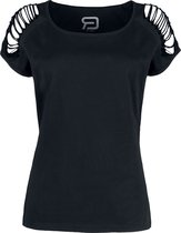 Zwart dames T-shirt met ronde hals en uitgesneden, rafelige details op de schouders en mouwen.