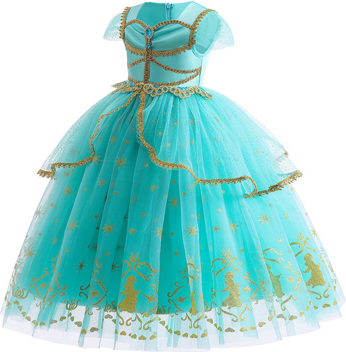 Prinsessendroom - Deluxe Jasmine jurk met haarketting - 122 (6/7 jaar) - Prinsessenjurk - Verkleed kleding - Feestjurk