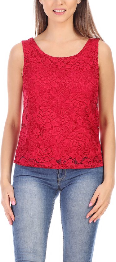 Bellivalini Dameshemd – Mouwloos – Elegant – Ronde - Hals met kant – Framboos – S - BLV-BLV50-263-BL