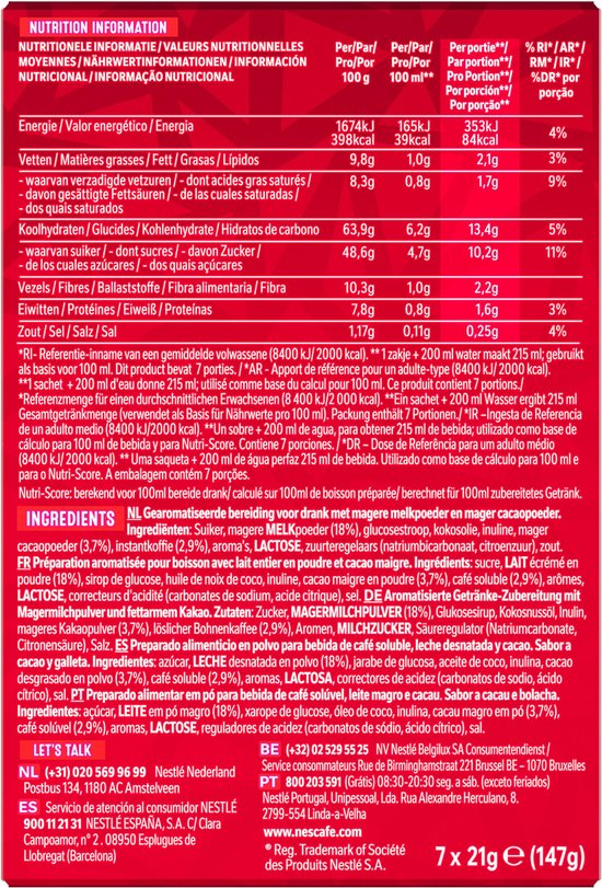 Voedingsinformatie Nescafé Mocha KitKat. Ingrediëntenlijst.
