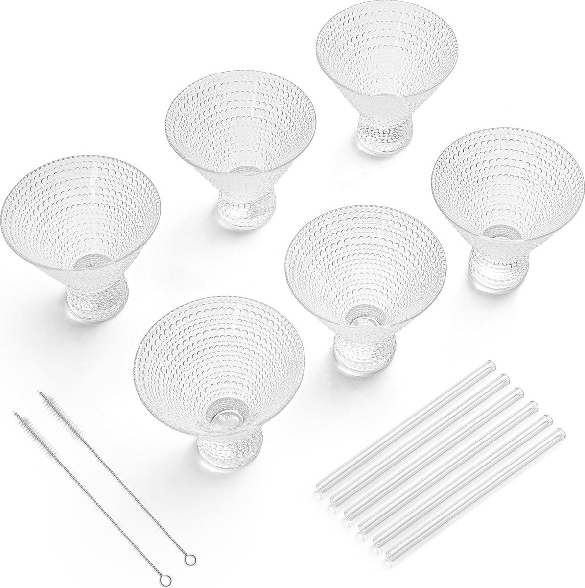 Set Cocktail élégant Winter Shore Verres Martini 230ml [Lot De 6] Pailles Verre - Style Vintage Perlé - Lave-vaisselle Verres Sans BPA