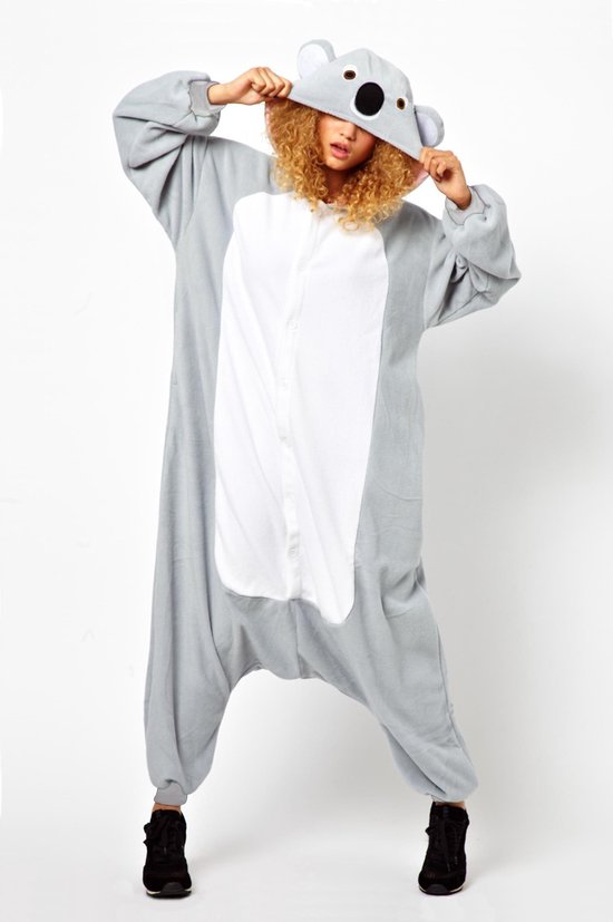 KIMU® Onesie Koala Pak - Maat 128-134 - Koalapak Kostuum Grijs Beer - Kinder Fleece Zacht Huispak Dierenpak Jumpsuit Pyjama Jongen Meisje Festival