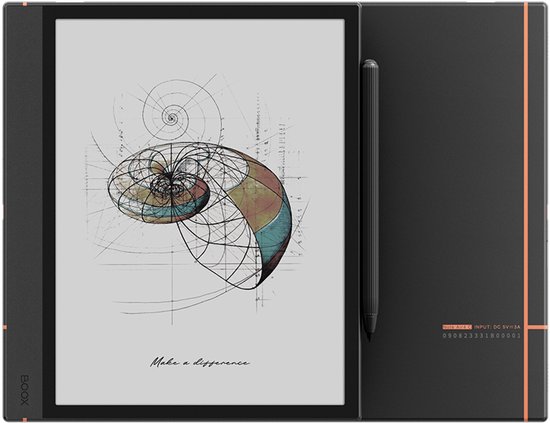 Zwarte BOOX Note Air4 C e-reader met pen, met een gedetailleerde helix-tekening en tekst. Het scherm is aan.