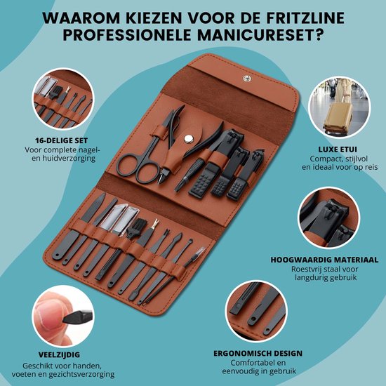 Fritzline Manicure Set 16-Delig - Nagelknipper - Leren Etui