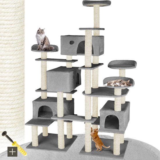 Grote grijze kattenkrabpaal met meerdere verdiepingen, huisjes en katten.