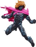 Actiefiguur met oranje haar, zwart masker en roze cape. Zwart pak met blauwe lijnen, in de lucht.