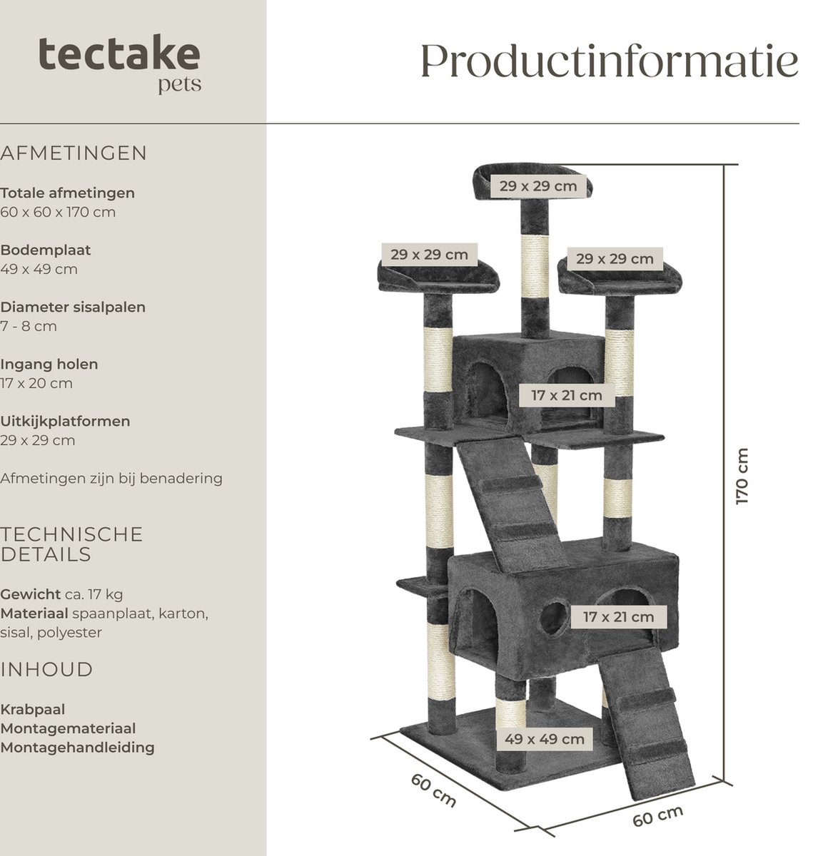tectake® Kattenkrabpaal groot - Kattenboom met 3x sisal krabpaal en kattenaccessoires- 3x ligplaats en 1x kattenhuisje, 2x kattentrap - Middelhoog voor katten, kittens en katers - 170cm hoog - Grijs thumbnail 5