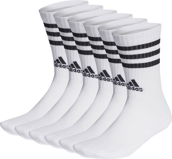 Zes witte sportsokken met drie zwarte strepen en adidas logo.