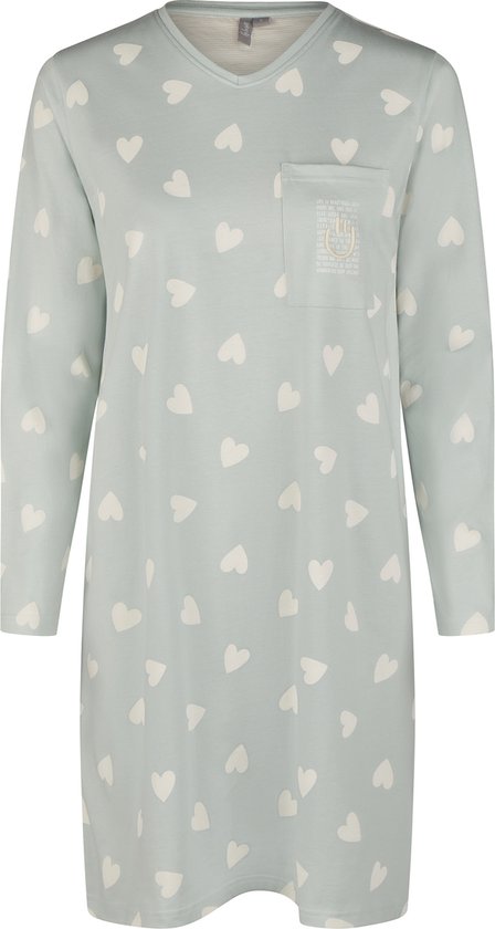 By Louise Dames Nachthemd Lange Mouw Mintgroen Hartjes - Maat XXL