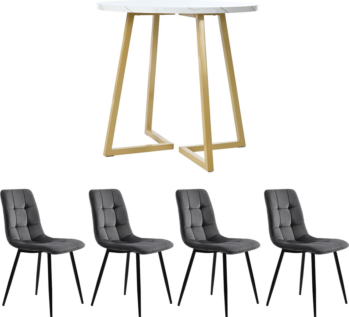 Merax Eetkamerset 5-delig – Wit Marmerlook met Goud Eettafel Ø80 met 4 Grijze Velvet Eetkamerstoelen met Zwart