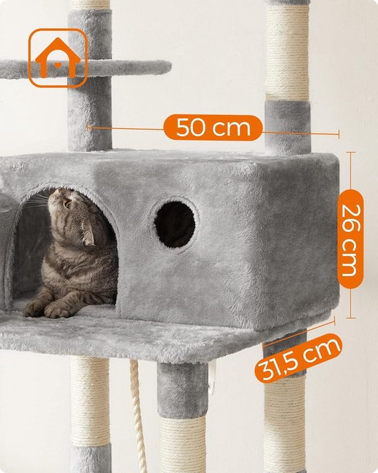 Grijze kattenboom met huisje (26cm hoog) met kat. Afmetingen: 50cm breed plateau.