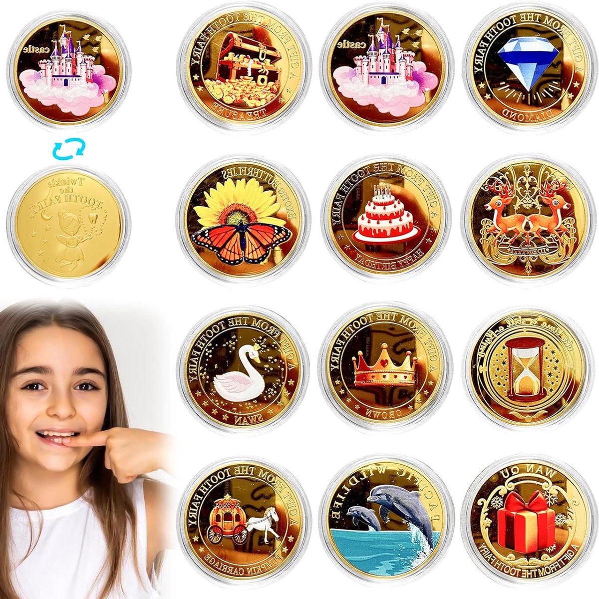 Zahnfee munten - 12 stuks met diverse patronen - tandenfee geschenk voor meisjes en jongens .