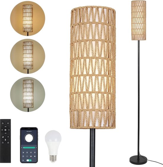 Dimbare Vloerlamp Woonkamer, Rotan Vloerlamp met Afstandsbediening, App