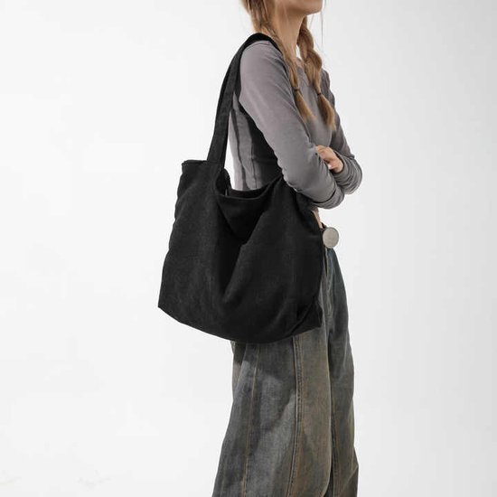 Sans Citron - Sac à bandoulière en velours côtelé - Sac fourre-tout - Velours côtelé - Étudiants - École - Travail - Voyages - Shopping - Fermeture éclair - Geen accessoire inclus - Zwart