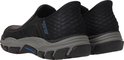 Zwarte Skechers Slip-ins instappers, zijaanzicht, met gewafeld detail op de hiel.
