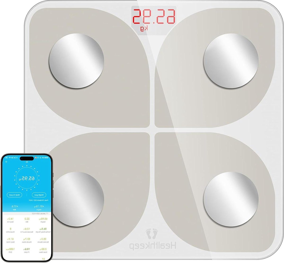 Bluetooth impedantie hoge precisie personenweegschaal met 13 lichaamsmaten app voor Android en iOS - capaciteit 180 kg/400 kg - 28 x 28 cm.