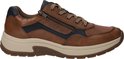 Bruine Rieker sneaker met veters en rits, met blauwe en beige accenten.