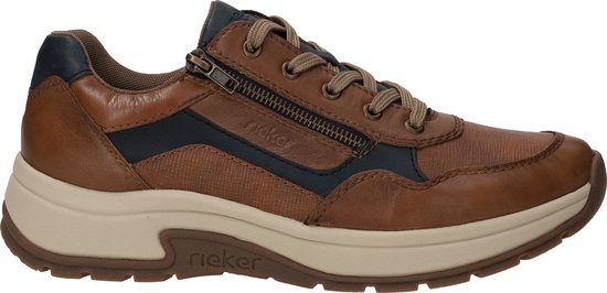 Bruine Rieker sneaker met veters en rits, met blauwe en beige accenten.