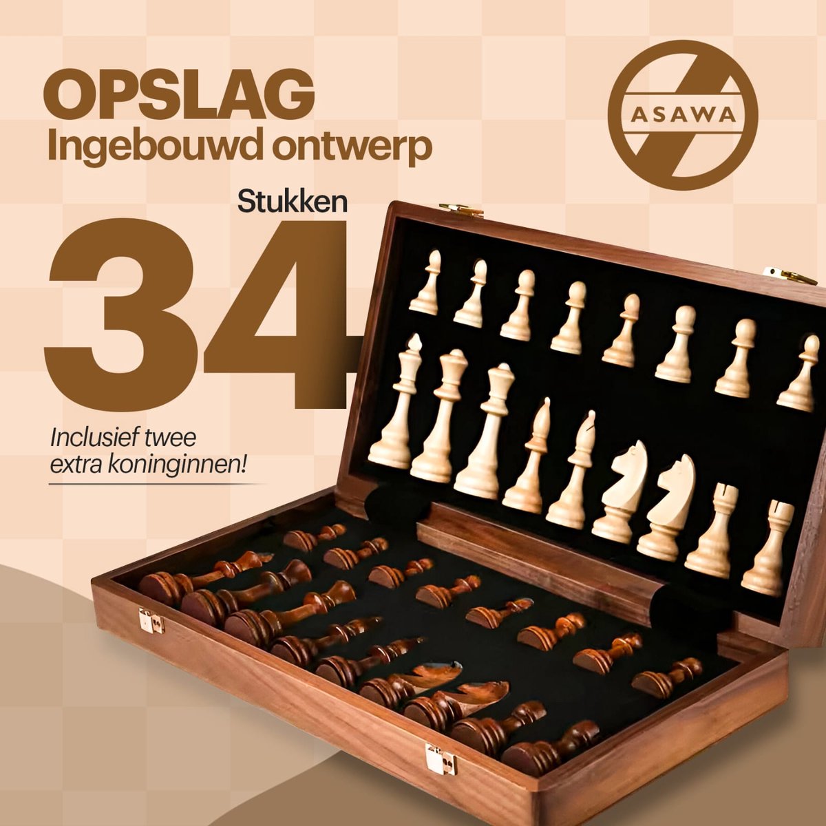 Asawa Schaakbord - Schaakspel XL met Schaakstukken - Chess - Magnetisch - Schaakset voor Schaken - 39x39cm - 2 Extra Koninginnen — afbeelding 8