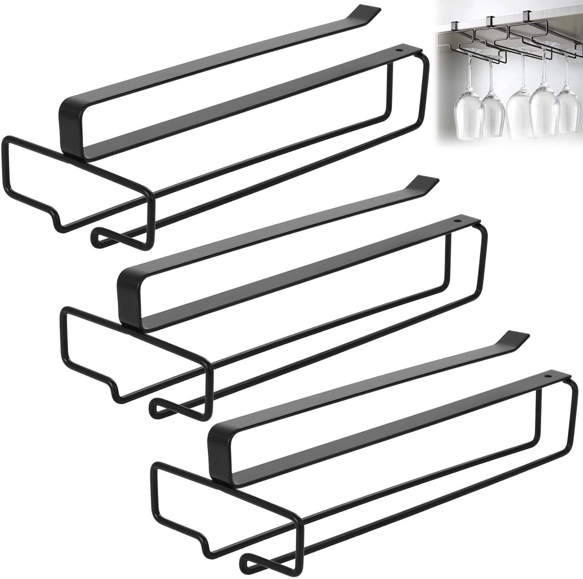 TheLau ® Stijlvolle Zwarte Wijnglashouder voor Onder Kast Montage – Set van 3, Perfect voor Keuken en Bar