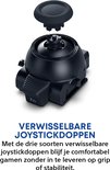 Zwart verwisselbaar thumbstick-onderdeel met textuur, deels bovenop de controllerbasis.