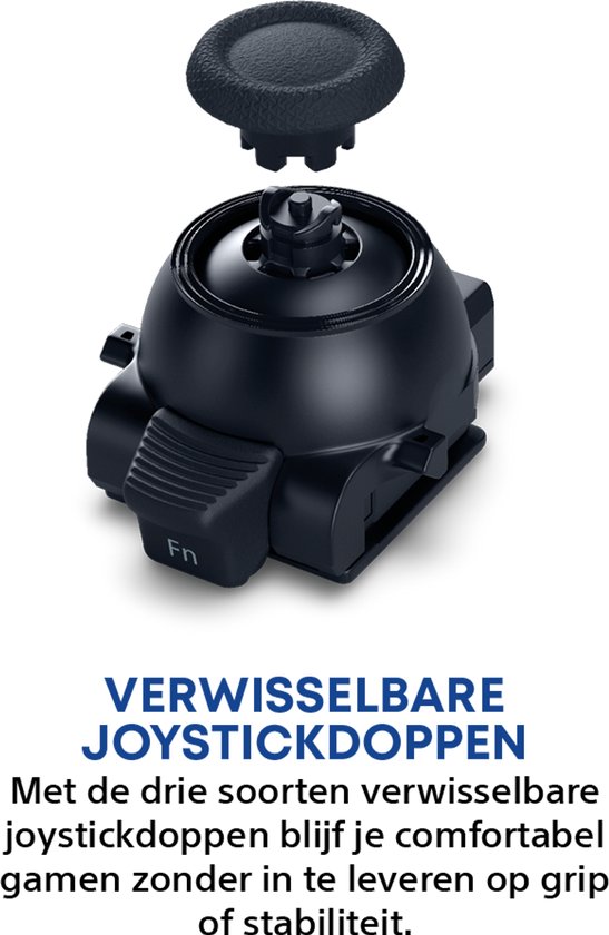 Zwart verwisselbaar thumbstick-onderdeel met textuur, deels bovenop de controllerbasis.