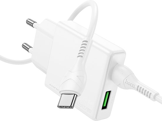 Hoco Oplader Geschikt voor Samsung Galaxy S25 - Type C Kabel & Stekker (N38) - Snel Lader USB C 20W & QC 3.0 - 2.0 - Wit - Ook geschikt voor A14 / A34 / A54 / A13 / A33 / A53 / A12 / A32 / A52 / A11 / A51 / S20 / S21 / S22 / S23 / FE / Plus / Ultra