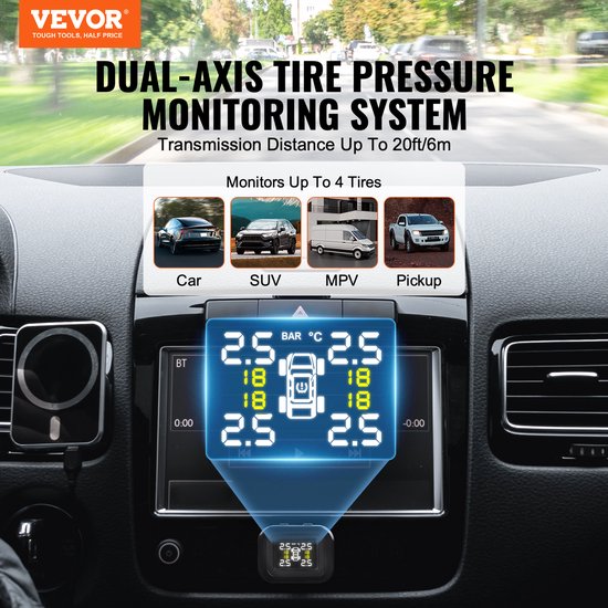 Shkalacar TPMS Bandenspanningsbewakingssysteem, Draadloze Zonne Bandenspanningsmonitor Temperatuur