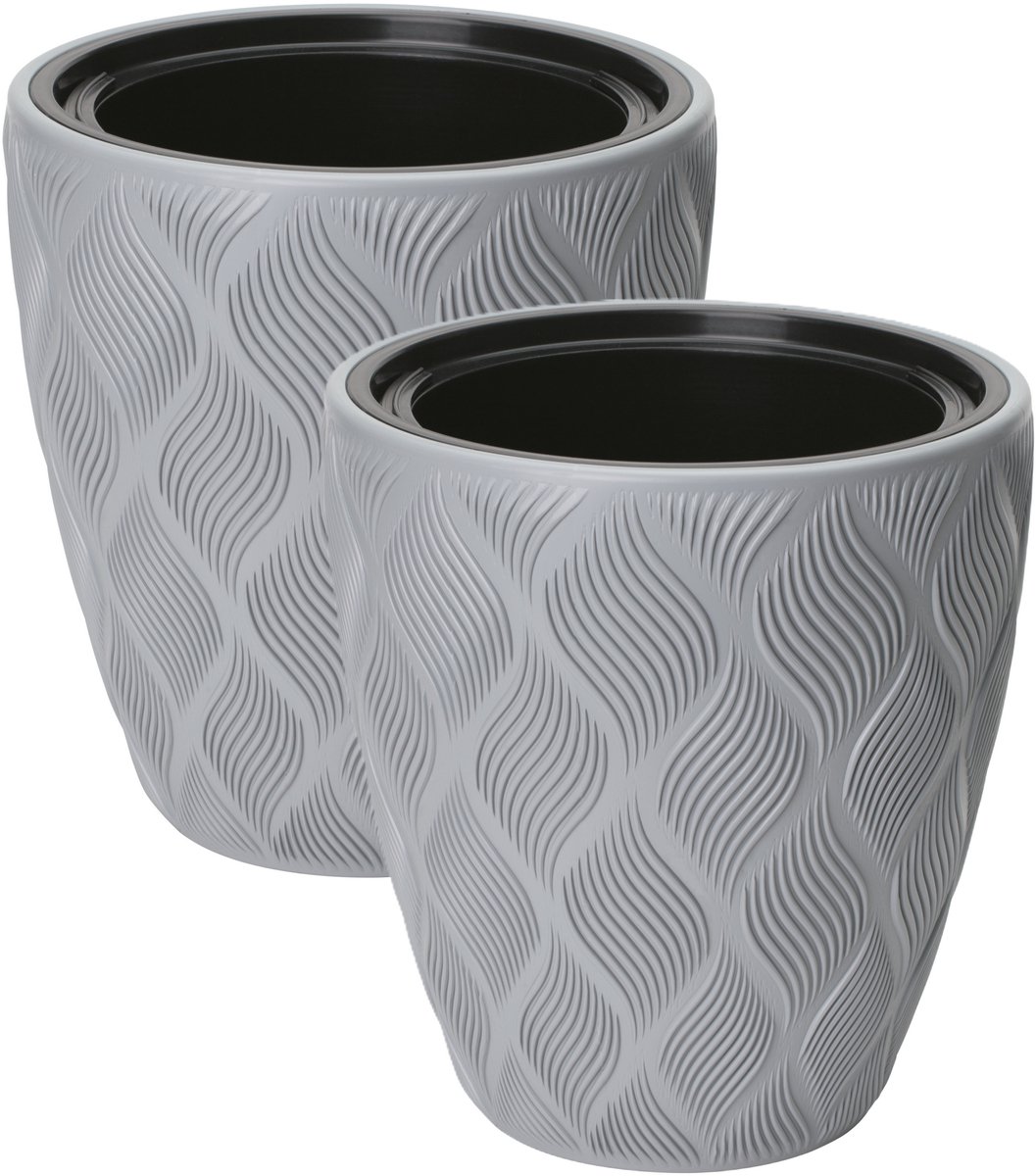 Form Plastic Plantenpot/bloempot Flow - 2x - kunststof - platina grijs - D30 x H32 cm - met binnenpot - rond