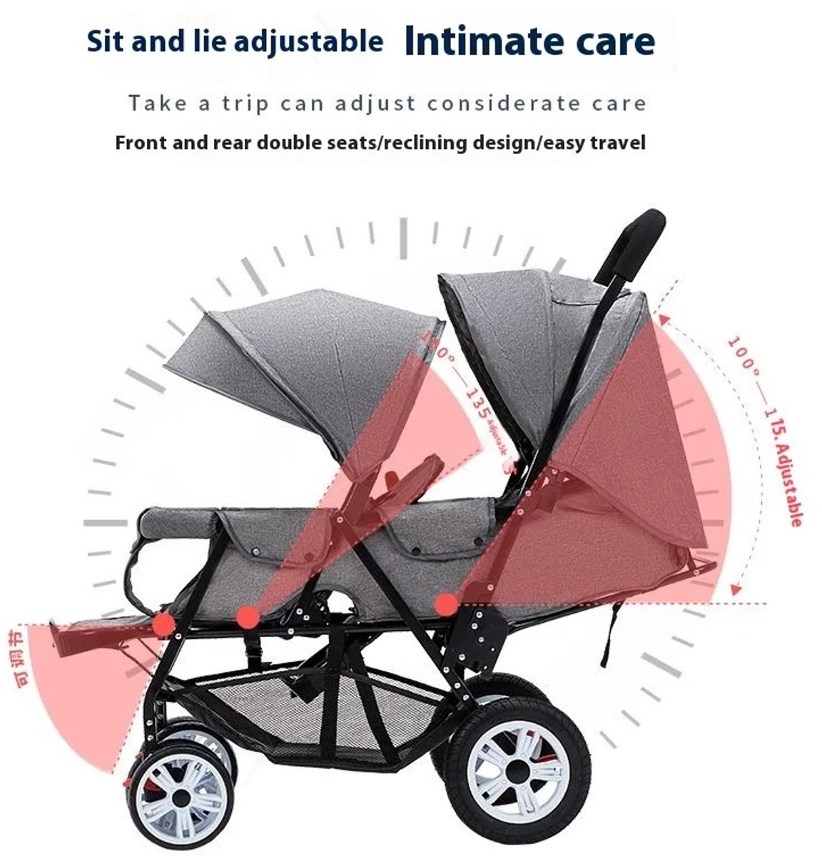 Tweelingwagen - Buggy - Buggy's - Buggy Inklapbaar - Buggy Tweeling - Blauw - Lichtgewicht - Kinderen - Kind - Baby - Baby's - Tweeling Buggy - Opvouwbar - Meerdere Standen – foto 3