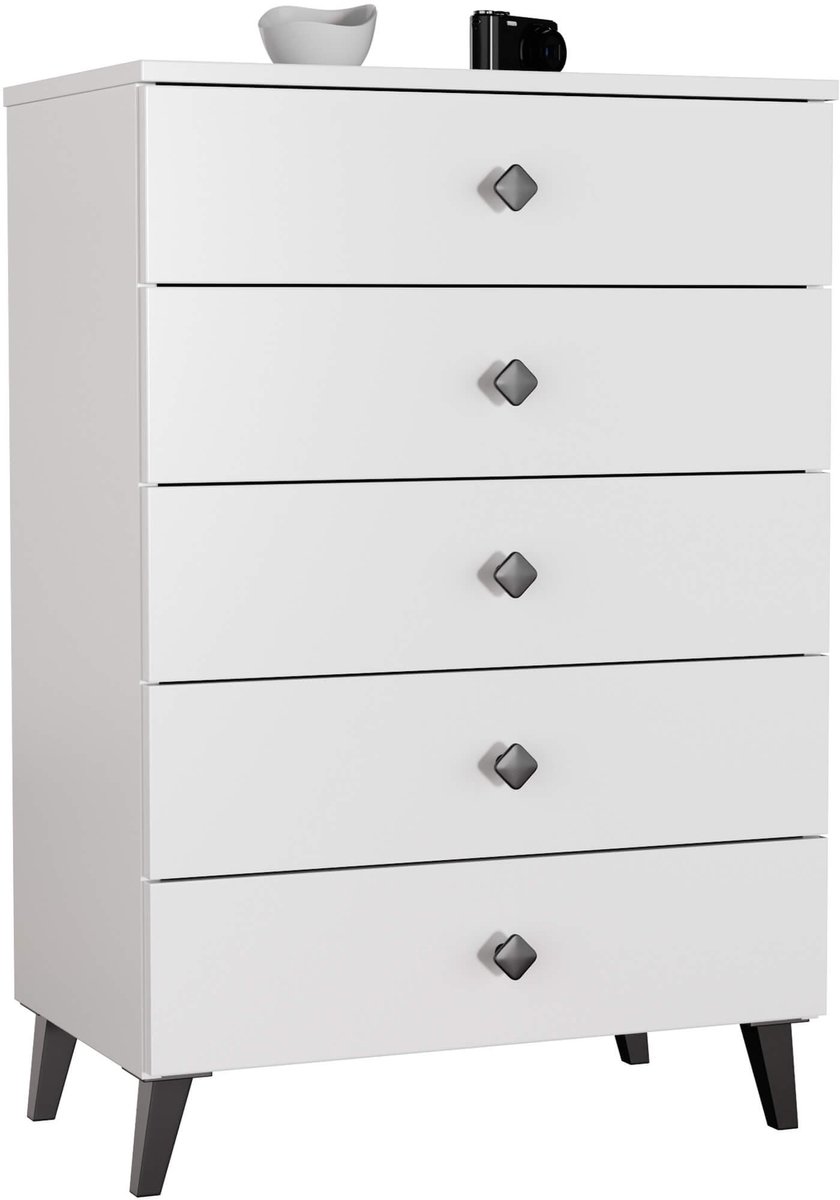 Akord Nachtkastje MOBI met 5 Lades / AKORD Furniture Factory / Wit met Zwarte Handgrepen / 60 x 89 x 37 cm