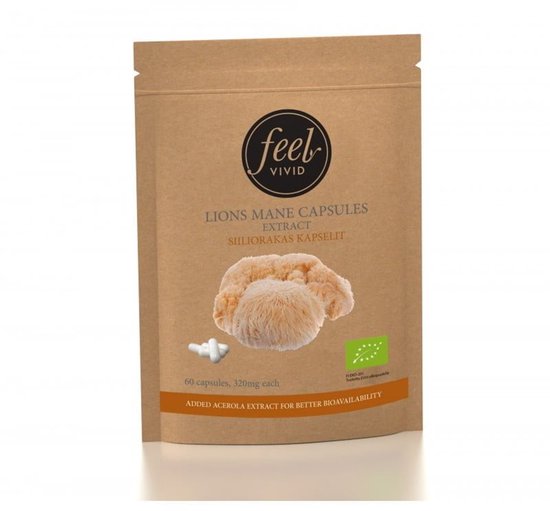 Bruine verpakking met 'feel vivid' logo, een afbeelding van de Lion's Mane champignon en tekst "LIONS MANE CAPSULES EXTRACT".
