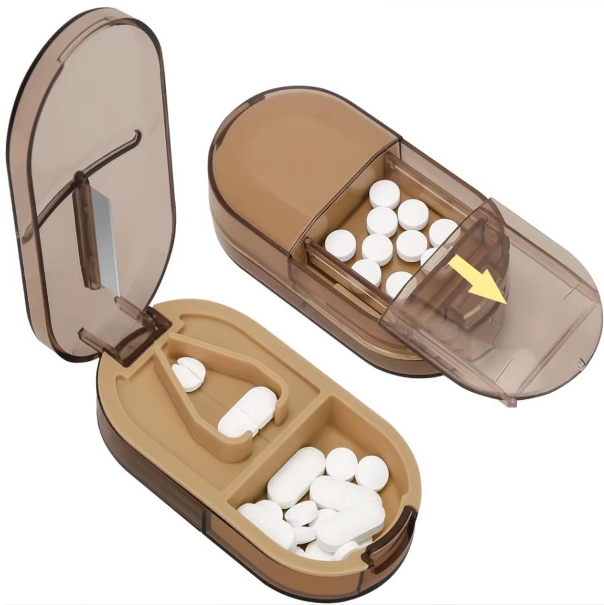 Actie4you® - Luxe Pillensnijder - Pillendoosje - Pil Bewaardoosje - Medicijn Doosje - 2 Vakjes – 2 in 1 - Waterdicht – Bruin
