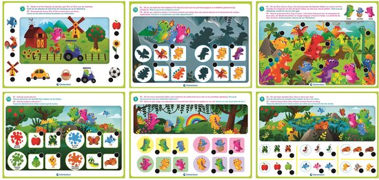 Verschillende speelbladen met kleurrijke illustraties van dinosaurussen en speelse scènes, waaronder een boerderij, een regenboog en een speelplaats.
