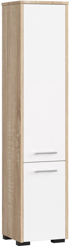 Hoge, smalle badmeubelkast met een witte deur en ladefront, omhuld door een houten frame. Twee handgrepen.
