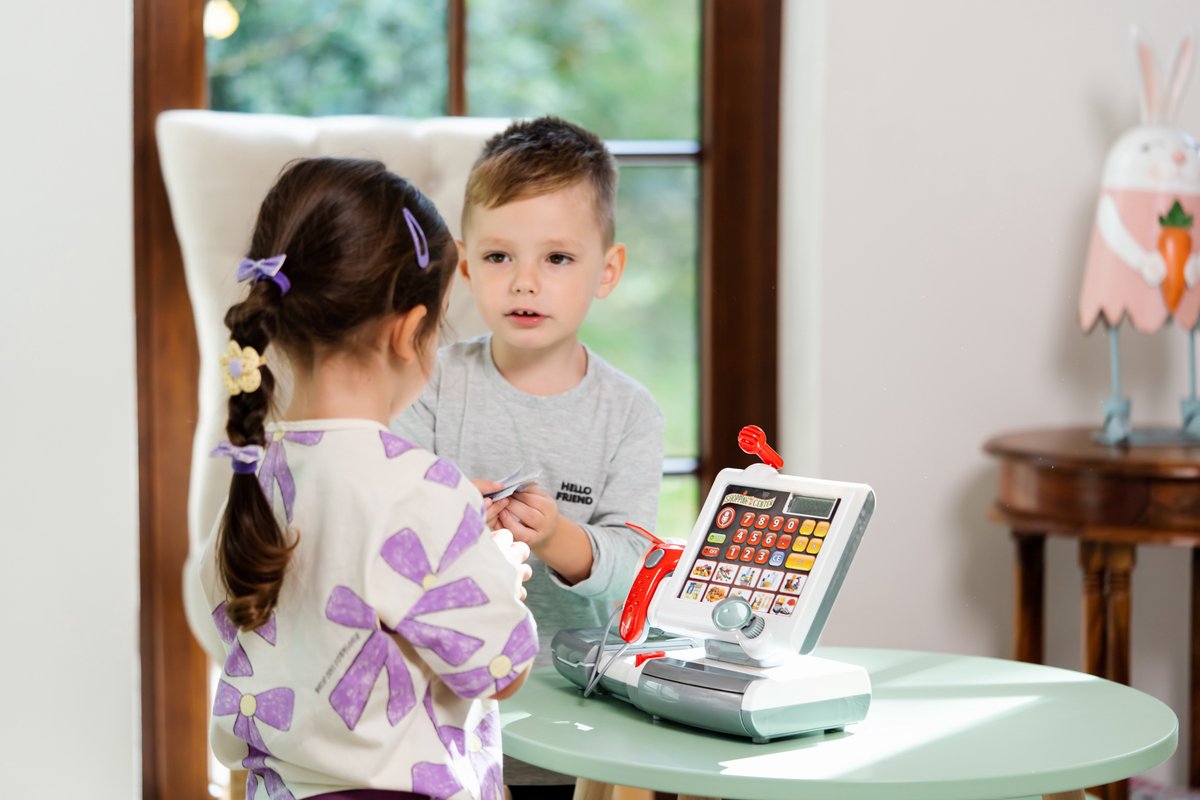 Klein Toys elektronische kassa - touchpad, scanner, weegschaal en rekenmachinefunctie - 31x15,5x23 cm - incl. speelgeld, uitschuifbare geldla, licht- en geluidseffecten - grijs — afbeelding 6