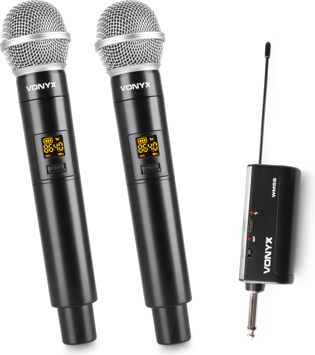 Draadloze microfoon met plug-in ontvanger -Vonyx WM552- UHF draadloze microfoonset met 2 microfoons