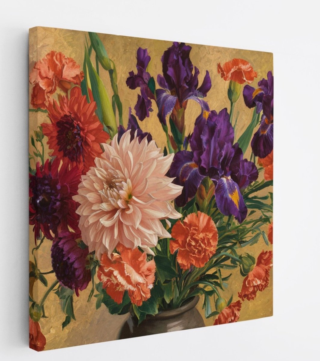 Saammp Canvas Schilderij - Gekleurde Bloemen in een vaas - Natuur - 60x60 - Foto op canvas - Wanddecoratie - Muurdecoratie Woonkamer - Kantoor Decoratie Multicolor