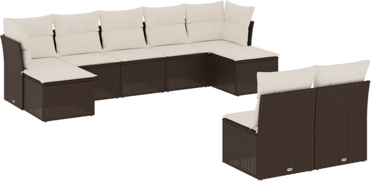 Bruine poly rattan loungeset met kussens voor buiten - The Living Store.