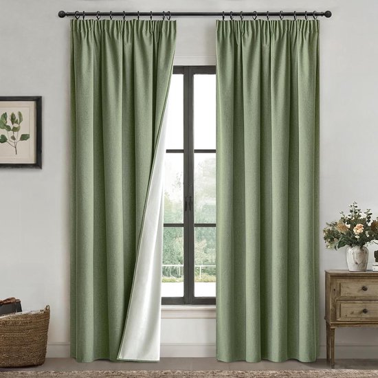 TOPICK Gordijnen met plooiband, verduisteringsgordijnen, 100% ondoorzichtig, thermogordijn, 175 x 140 cm (h x b), gordijnen woonkamer, slaapkamer, linnenlook, landhuisstijl, set van 2, wit